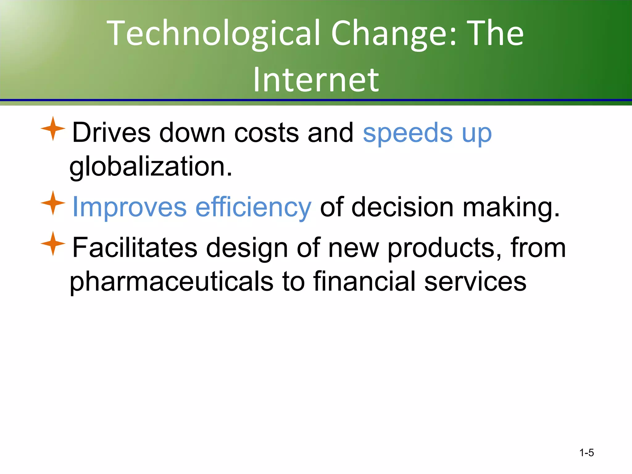 Technological Change: The
Internet
Drives down costs and speeds up
globalization.
Improves efficiency of decision making.
Facilitates design of new products, from
pharmaceuticals to financial services

1-5

 