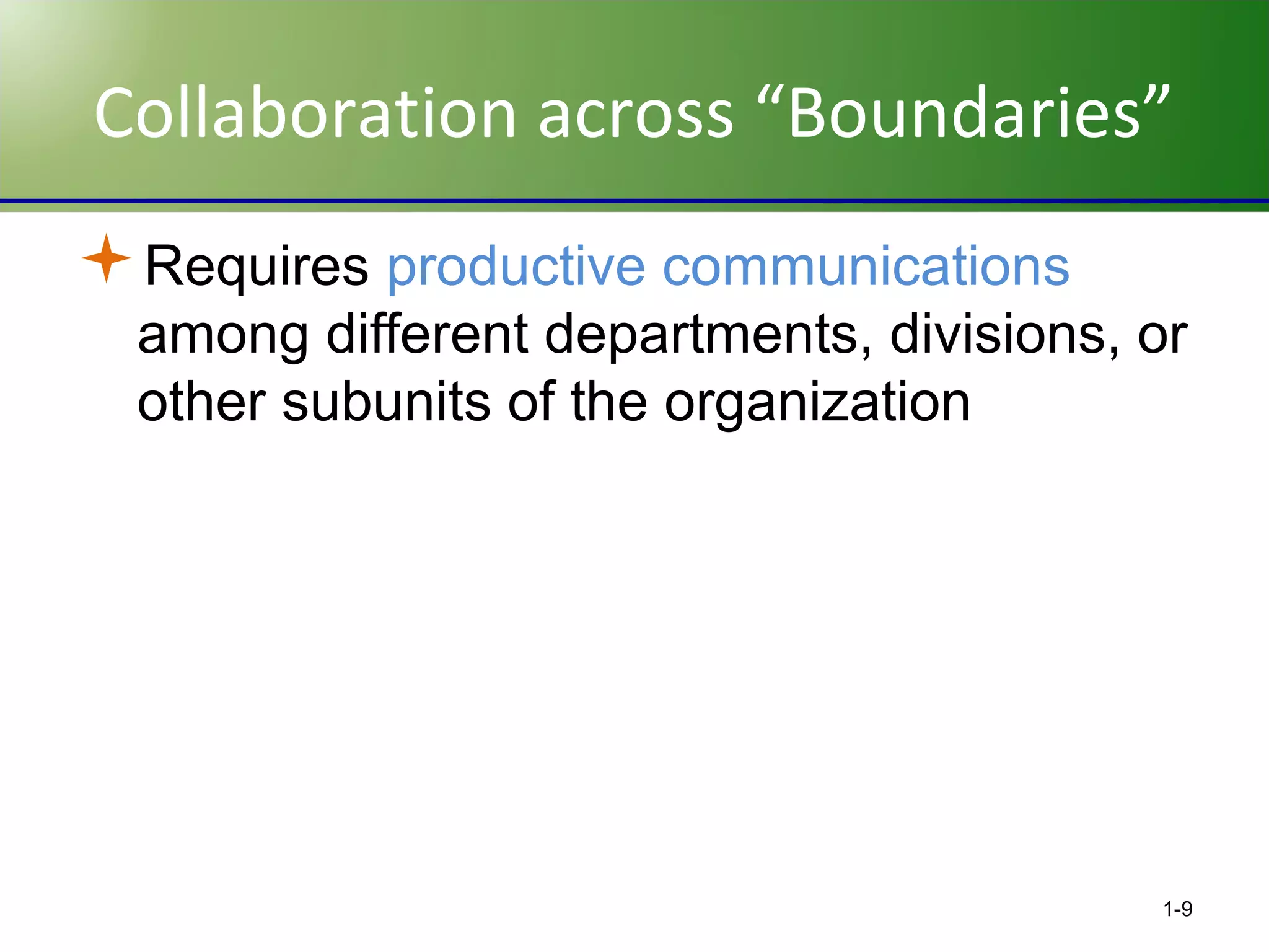 Collaboration across “Boundaries”
Requires productive communications
among different departments, divisions, or
other subunits of the organization

1-9

 
