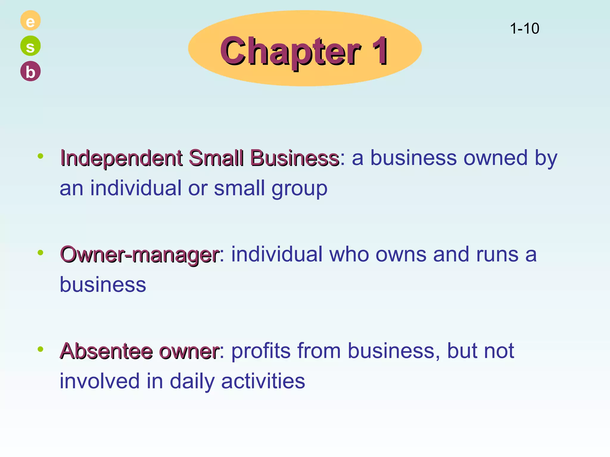 e
s
b

Chapter 1

1-10

• Independent Small Business: a business owned by
Business
an individual or small group
• Owner-manager: individual who owns and runs a
Owner-manager
business
• Absentee owner: profits from business, but not
owner
involved in daily activities

 