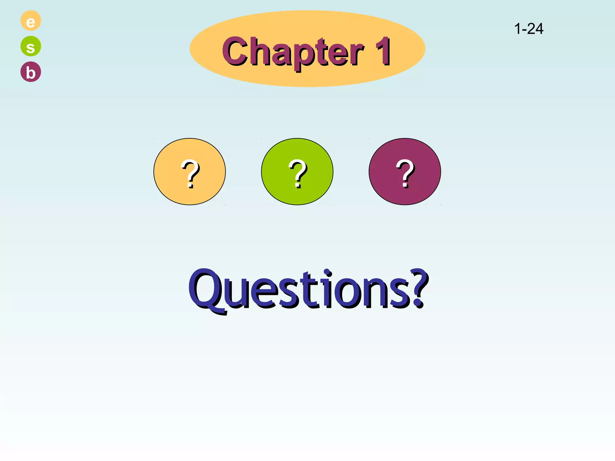 e
s
b

Chapter 1
?

?

?

Questions?

1-24

 