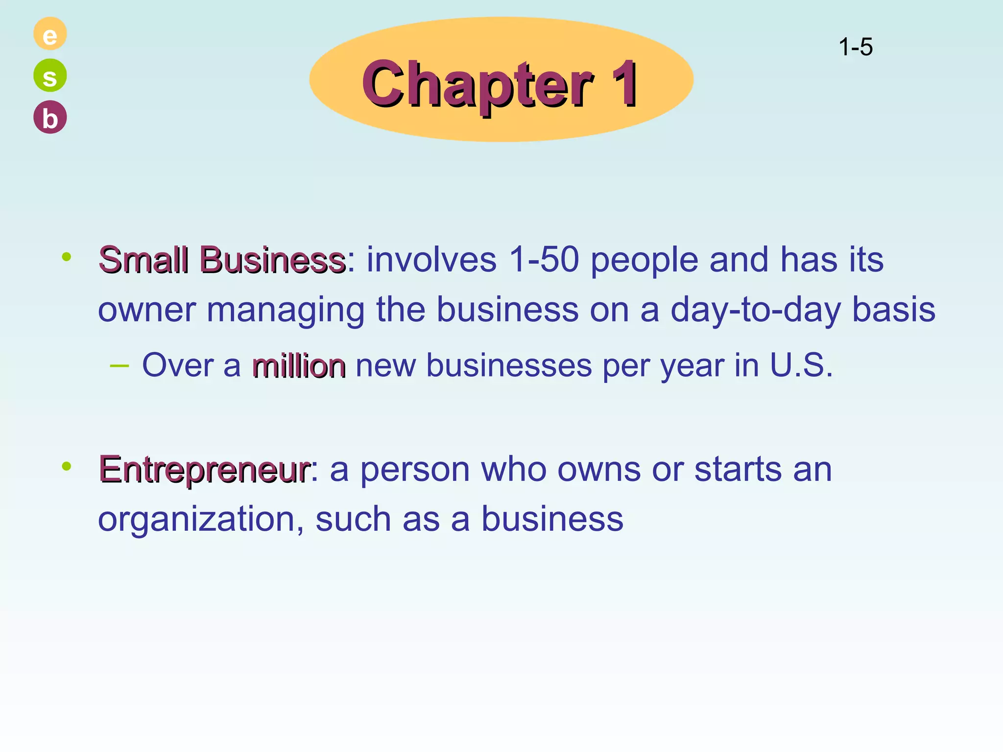 e
s
b

Chapter 1

1-5

• Small Business: involves 1-50 people and has its
Business
owner managing the business on a day-to-day basis
– Over a million new businesses per year in U.S.

• Entrepreneur: a person who owns or starts an
Entrepreneur
organization, such as a business

 