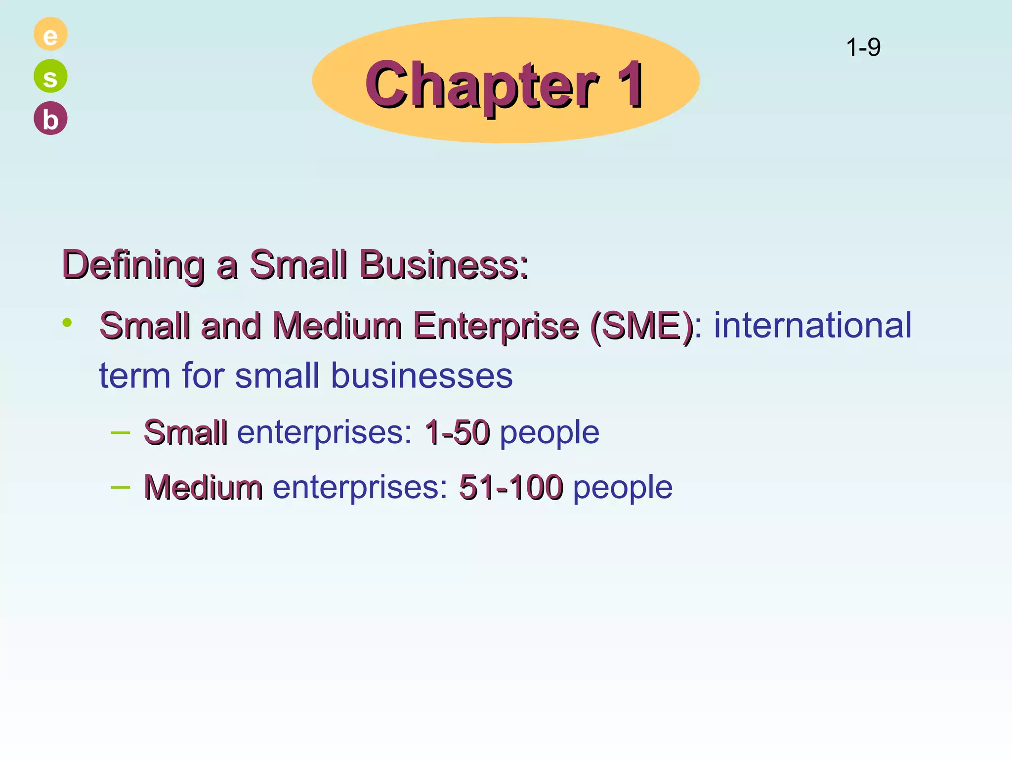 e
s
b

Chapter 1

1-9

Defining a Small Business:
• Small and Medium Enterprise (SME): international
(SME)
term for small businesses
– Small enterprises: 1-50 people
– Medium enterprises: 51-100 people

 