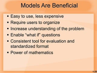 1-29
Models Are Beneficial
 Easy to use, less expensive
 Require users to organize
 Increase understanding of the problem
 Enable “what if” questions
 Consistent tool for evaluation and
standardized format
 Power of mathematics
 