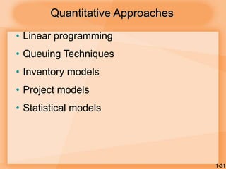 1-31
Quantitative Approaches
• Linear programming
• Queuing Techniques
• Inventory models
• Project models
• Statistical models
 