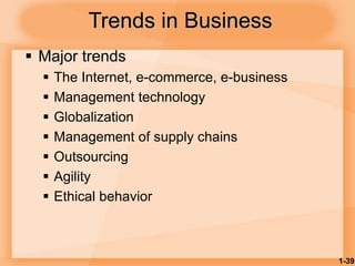 1-39
Trends in Business
 Major trends
 The Internet, e-commerce, e-business
 Management technology
 Globalization
 Management of supply chains
 Outsourcing
 Agility
 Ethical behavior
 
