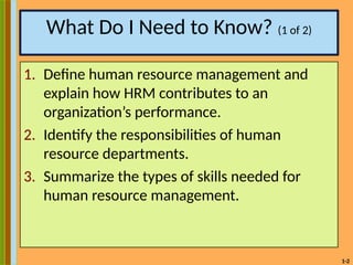 1-2
What Do I Need to Know? (1 of 2)
1. Define human resource management and
explain how HRM contributes to an
organization’s performance.
2. Identify the responsibilities of human
resource departments.
3. Summarize the types of skills needed for
human resource management.
 