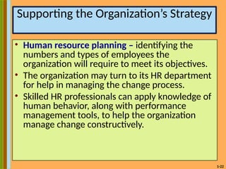 1-22
Supporting the Organization’s Strategy
• Human resource planning – identifying the
numbers and types of employees the
organization will require to meet its objectives.
• The organization may turn to its HR department
for help in managing the change process.
• Skilled HR professionals can apply knowledge of
human behavior, along with performance
management tools, to help the organization
manage change constructively.
 