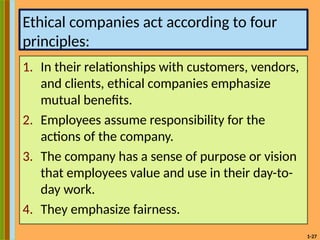1-27
Ethical companies act according to four
principles:
1. In their relationships with customers, vendors,
and clients, ethical companies emphasize
mutual benefits.
2. Employees assume responsibility for the
actions of the company.
3. The company has a sense of purpose or vision
that employees value and use in their day-to-
day work.
4. They emphasize fairness.
 