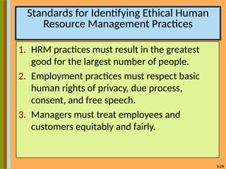 1-29
Standards for Identifying Ethical Human
Resource Management Practices
1. HRM practices must result in the greatest
good for the largest number of people.
2. Employment practices must respect basic
human rights of privacy, due process,
consent, and free speech.
3. Managers must treat employees and
customers equitably and fairly.
 