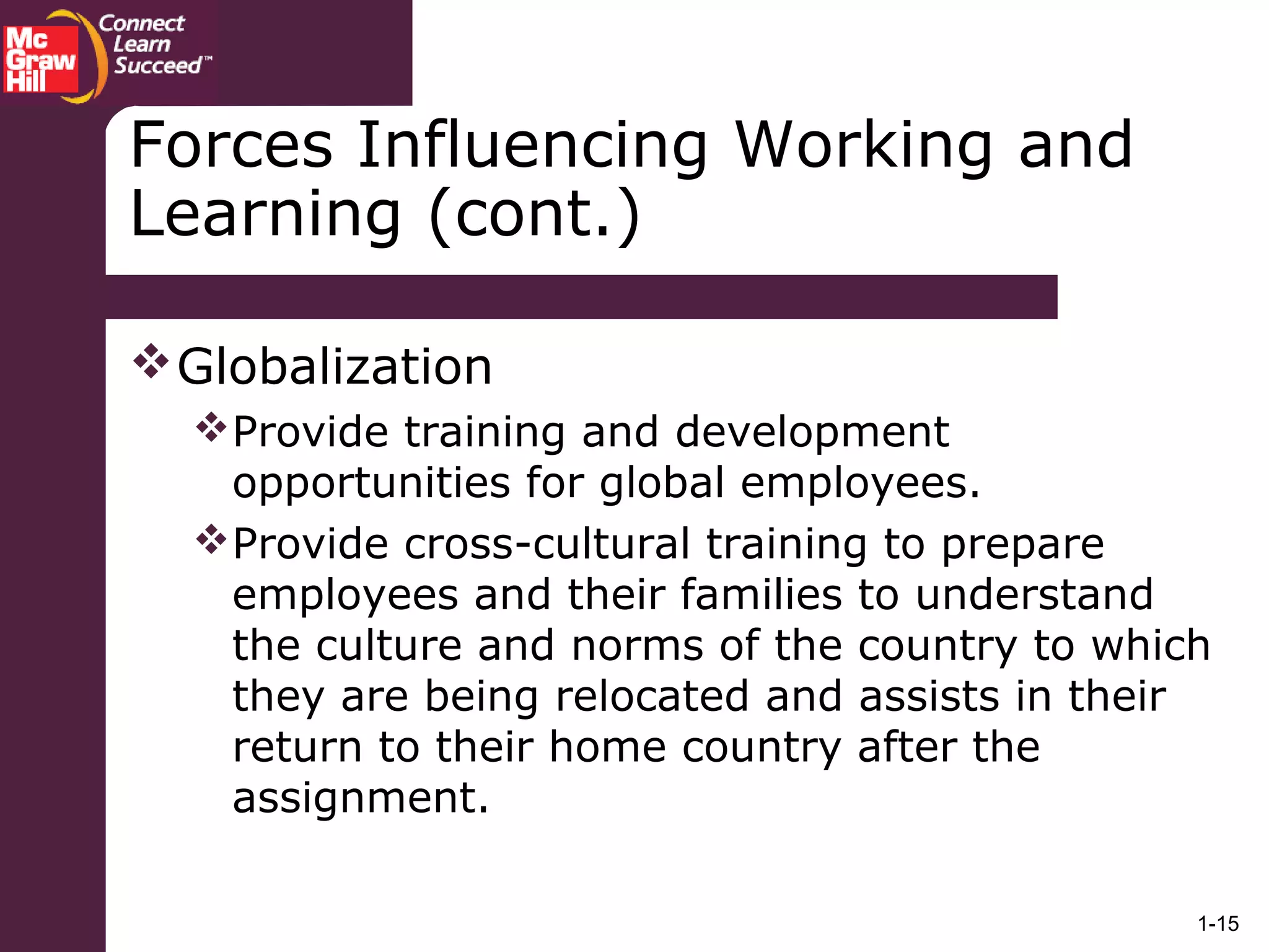 1-15
Globalization
Provide training and development
opportunities for global employees.
Provide cross-cultural training to prepare
employees and their families to understand
the culture and norms of the country to which
they are being relocated and assists in their
return to their home country after the
assignment.
Forces Influencing Working and
Learning (cont.)
 