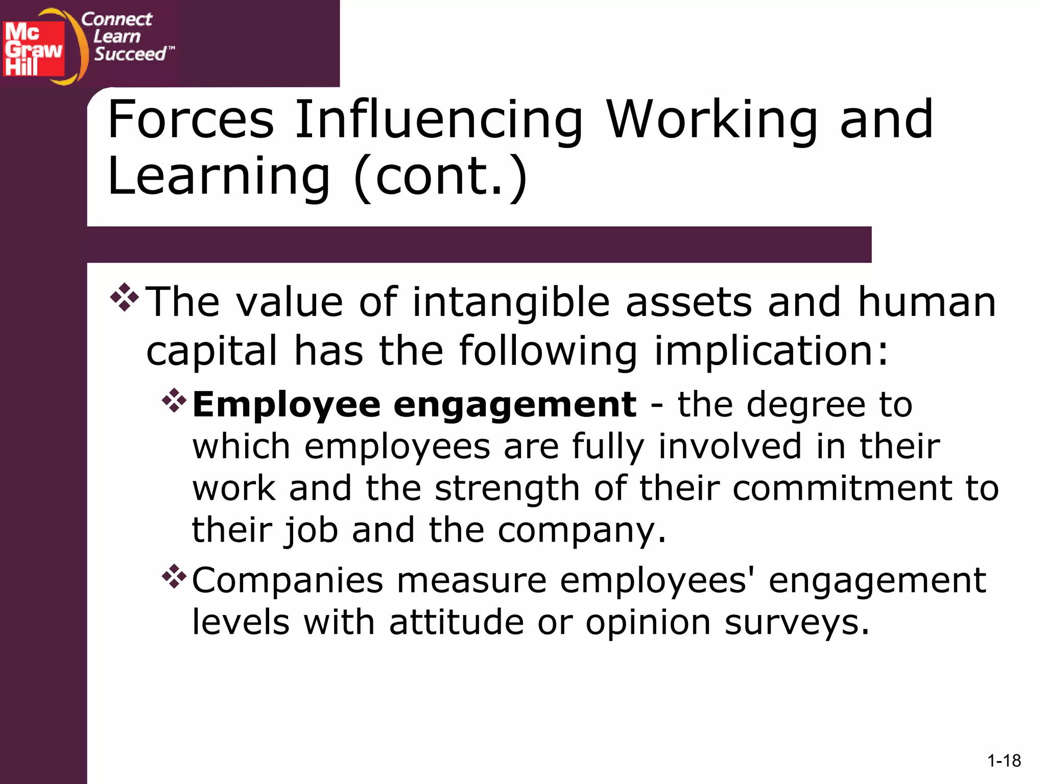 1-18
The value of intangible assets and human
capital has the following implication:
Employee engagement - the degree to
which employees are fully involved in their
work and the strength of their commitment to
their job and the company.
Companies measure employees' engagement
levels with attitude or opinion surveys.
Forces Influencing Working and
Learning (cont.)
 