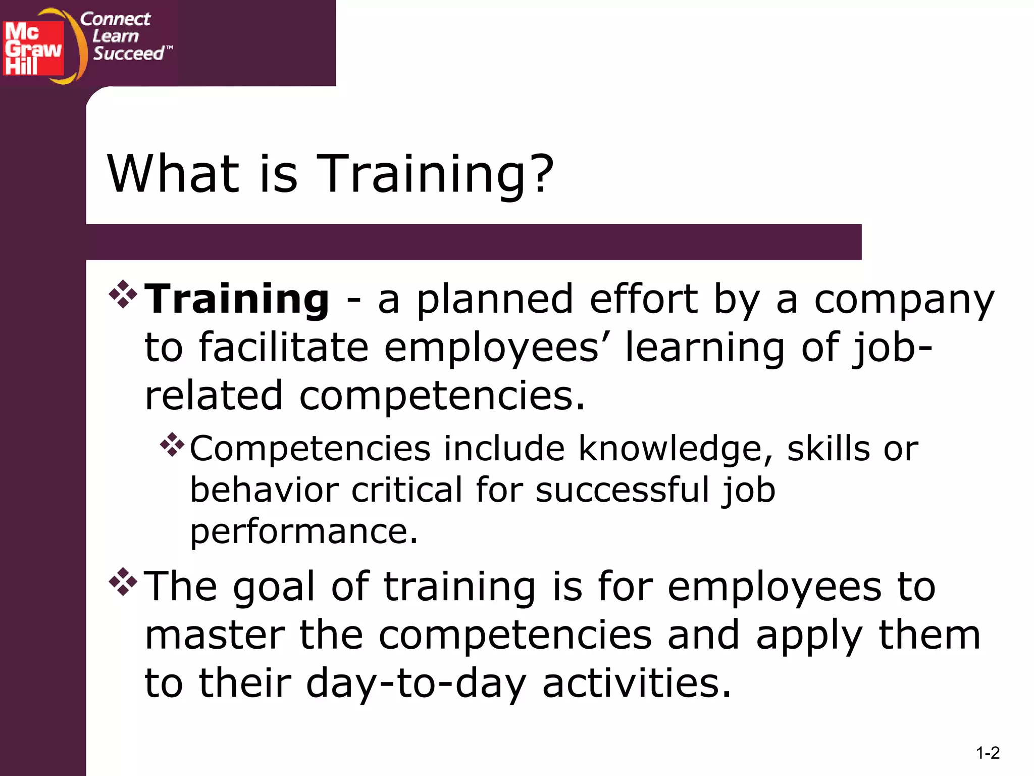 1-2
Training - a planned effort by a company
to facilitate employees’ learning of job-
related competencies.
Competencies include knowledge, skills or
behavior critical for successful job
performance.
The goal of training is for employees to
master the competencies and apply them
to their day-to-day activities.
What is Training?
 