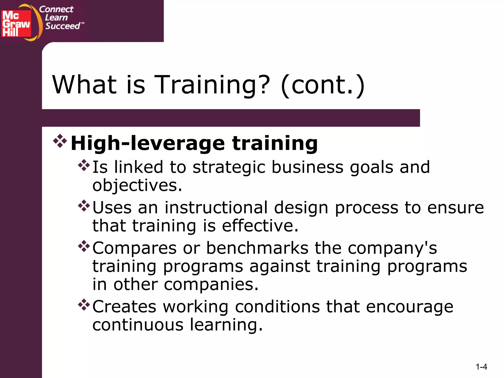 1-4
High-leverage training
Is linked to strategic business goals and
objectives.
Uses an instructional design process to ensure
that training is effective.
Compares or benchmarks the company's
training programs against training programs
in other companies.
Creates working conditions that encourage
continuous learning.
What is Training? (cont.)
 