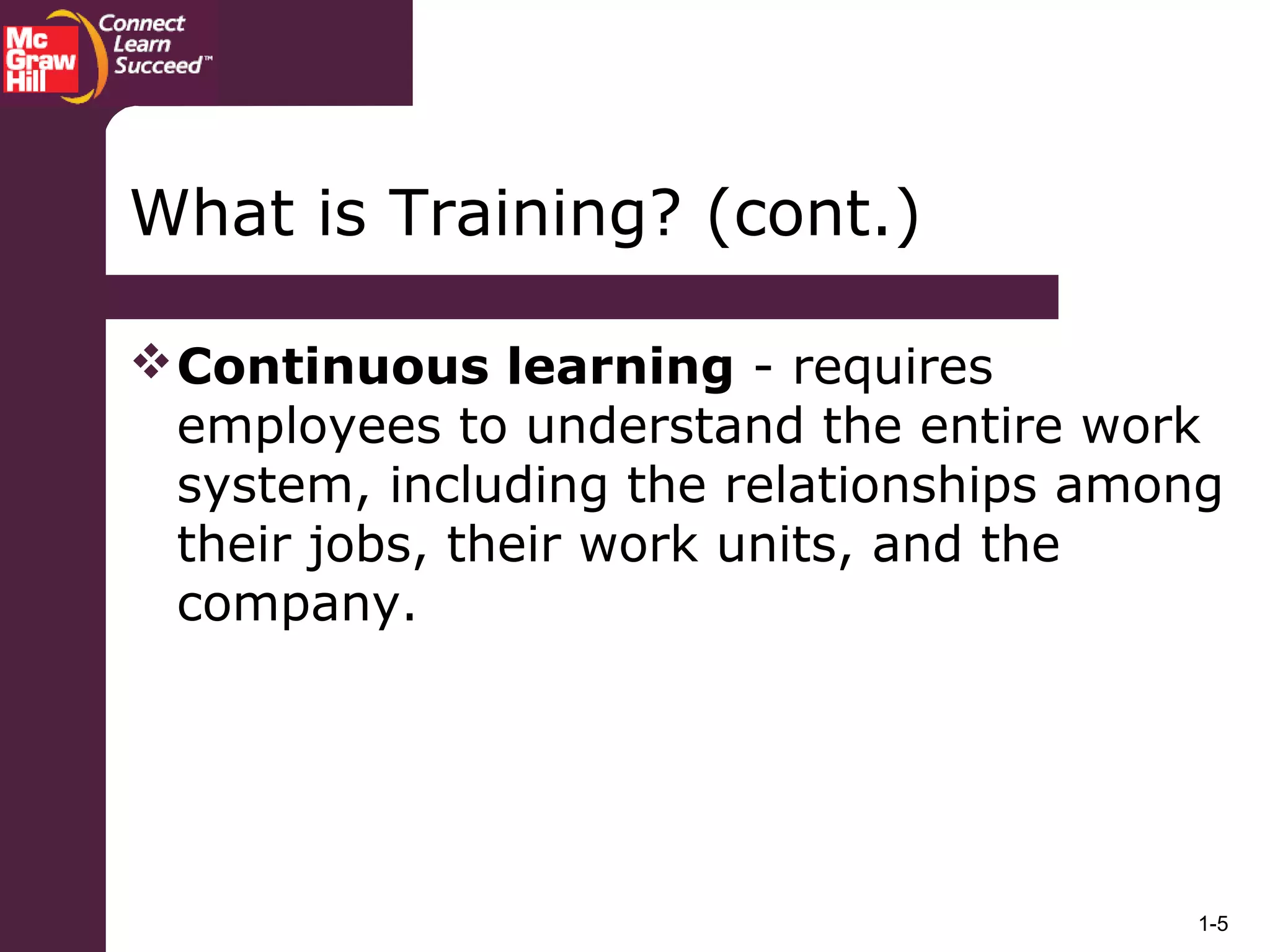 1-5
Continuous learning - requires
employees to understand the entire work
system, including the relationships among
their jobs, their work units, and the
company.
What is Training? (cont.)
 