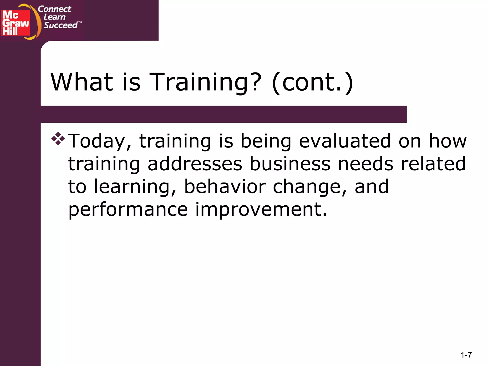 1-7
Today, training is being evaluated on how
training addresses business needs related
to learning, behavior change, and
performance improvement.
What is Training? (cont.)
 