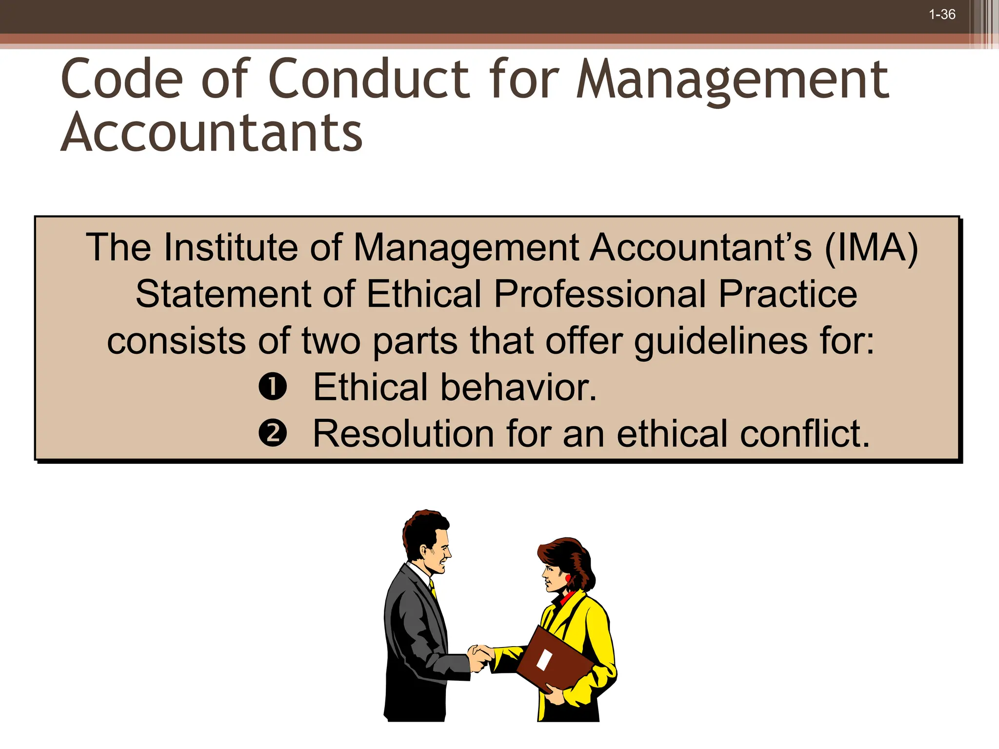 1-36
Code of Conduct for Management
Accountants
The Institute of Management Accountant’s (IMA)
Statement of Ethical Professional Practice
consists of two parts that offer guidelines for:
 Ethical behavior.
 Resolution for an ethical conflict.
 