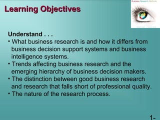 Understand . . .
• What business research is and how it differs from
business decision support systems and business
intelligence systems.
• Trends affecting business research and the
emerging hierarchy of business decision makers.
• The distinction between good business research
and research that falls short of professional quality.
• The nature of the research process.
Learning ObjectivesLearning Objectives
 
