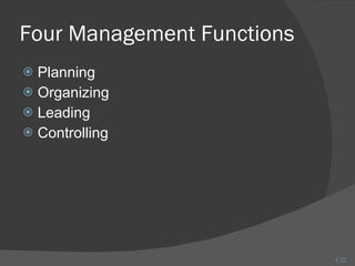 Four Management Functions Planning Organizing Leading Controlling 1- 