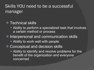 Skills YOU need to be a successful manager Technical skills Ability to perform a specialized task that involves a certain method or process Interpersonal and communication skills Ability to work well with people Conceptual and decision skills Ability to identify and resolve problems for the benefit of the organization and everyone concerned 1- 