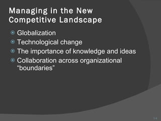 Managing in the New Competitive Landscape Globalization Technological change The importance of knowledge and ideas Collaboration across organizational “boundaries” 1- 