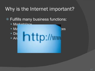 Why is the Internet important? Fulfills many business functions:  Marketplace Manufacturing goods and services Distribution channel An information service 1- 