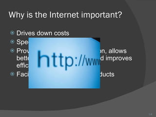 Why is the Internet important? Drives down costs Speeds up globalization Provides access to information, allows better-informed decisions, and improves efficiency of decision making Facilitates design of new products 1- 