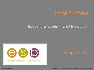 Small Business

                    Its Opportunities and Rewards




                                               Chapter 01


McGraw-Hill/Irwin              Copyright © 2011 by the McGraw-Hill Companies, Inc. All rights reserved.
 