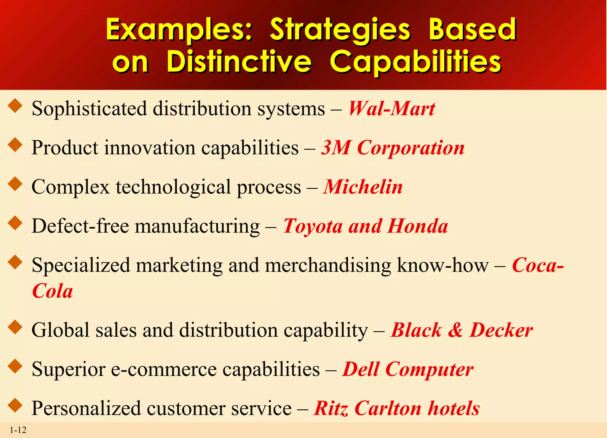1-12
Examples: Strategies BasedExamples: Strategies Based
on Distinctive Capabilitieson Distinctive Capabilities
 Sophisticated distribution systems – Wal-Mart
 Product innovation capabilities – 3M Corporation
 Complex technological process – Michelin
 Defect-free manufacturing – Toyota and Honda
 Specialized marketing and merchandising know-how – Coca-
Cola
 Global sales and distribution capability – Black & Decker
 Superior e-commerce capabilities – Dell Computer
 Personalized customer service – Ritz Carlton hotels
 