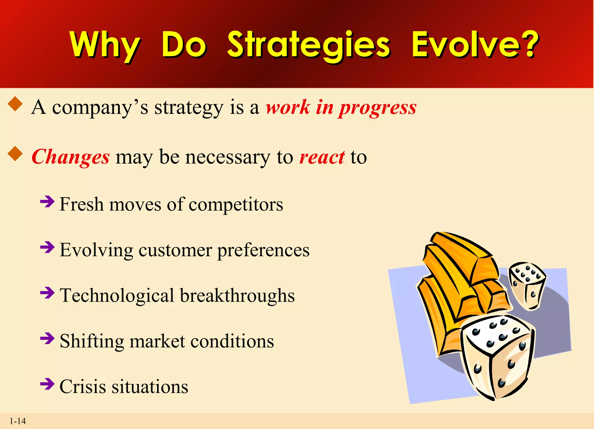 1-14
 A company’s strategy is a work in progress
 Changes may be necessary to react to
 Fresh moves of competitors
 Evolving customer preferences
 Technological breakthroughs
 Shifting market conditions
 Crisis situations
Why Do Strategies Evolve?Why Do Strategies Evolve?
 