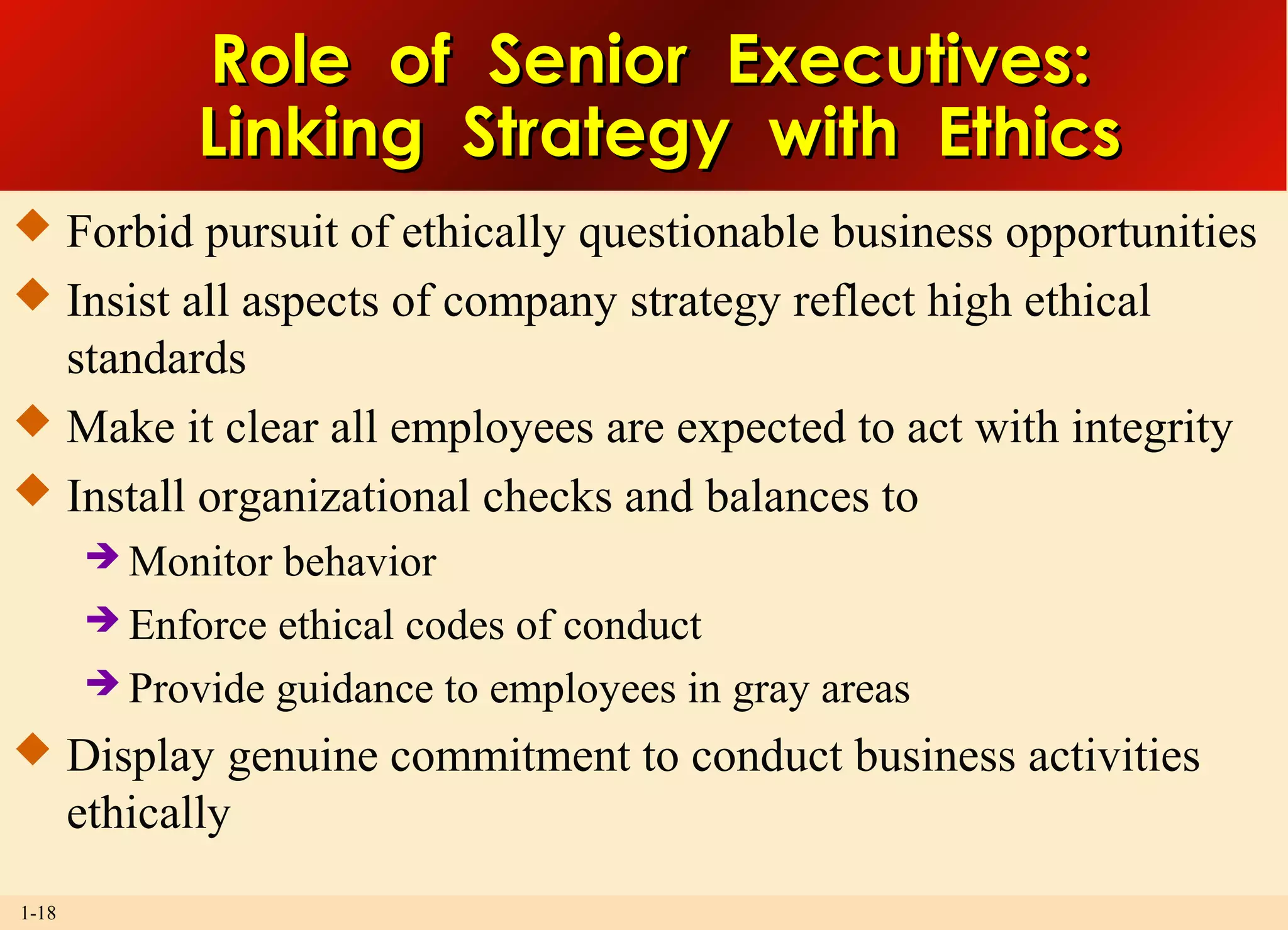 1-18
Role of Senior Executives:Role of Senior Executives:
Linking Strategy with EthicsLinking Strategy with Ethics
 Forbid pursuit of ethically questionable business opportunities
 Insist all aspects of company strategy reflect high ethical
standards
 Make it clear all employees are expected to act with integrity
 Install organizational checks and balances to
 Monitor behavior
 Enforce ethical codes of conduct
 Provide guidance to employees in gray areas
 Display genuine commitment to conduct business activities
ethically
 