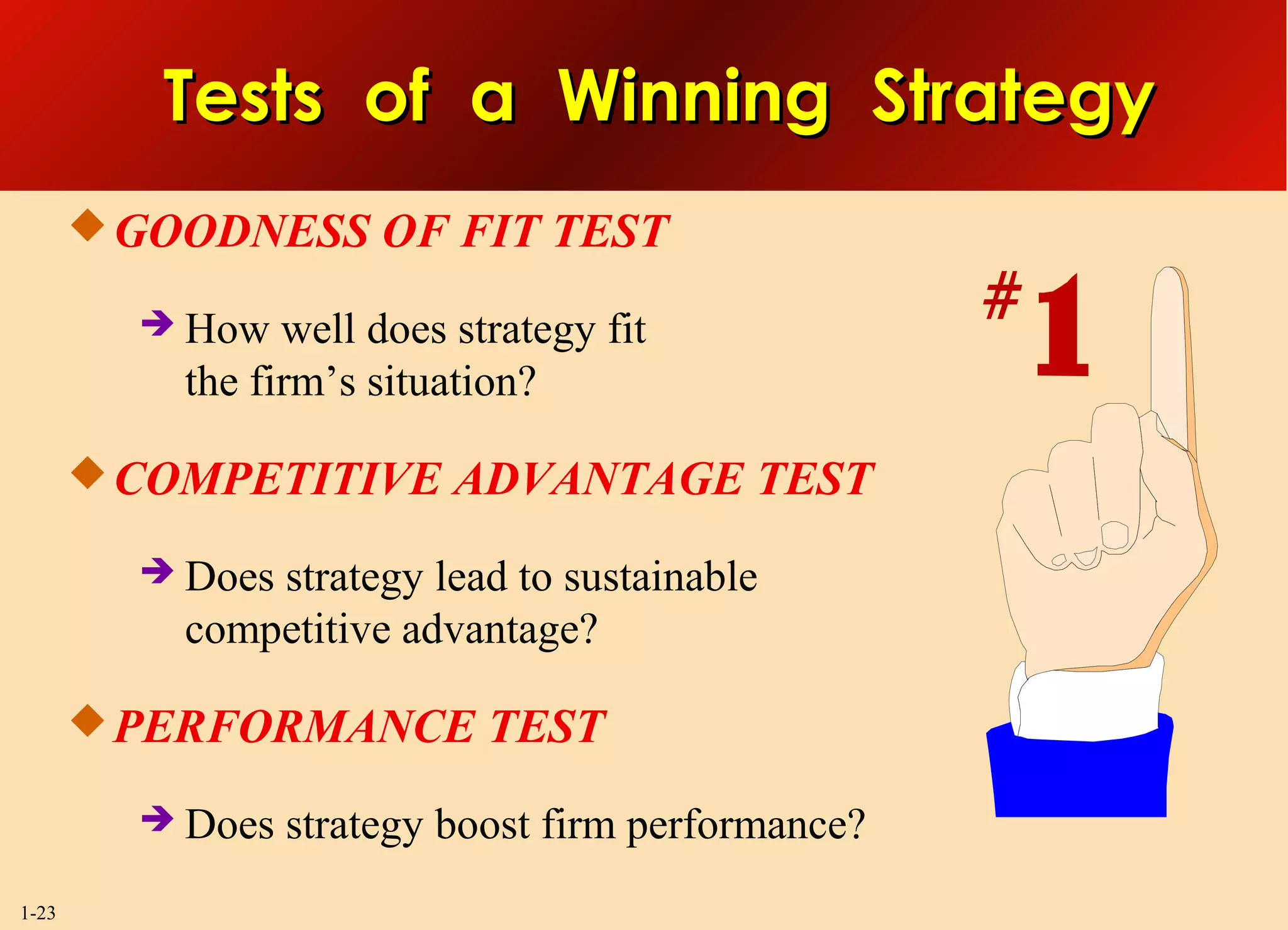 1-23
Tests of a Winning StrategyTests of a Winning Strategy
GOODNESS OF FIT TEST
 How well does strategy fit
the firm’s situation?
COMPETITIVE ADVANTAGE TEST
 Does strategy lead to sustainable
competitive advantage?
PERFORMANCE TEST
 Does strategy boost firm performance?
 