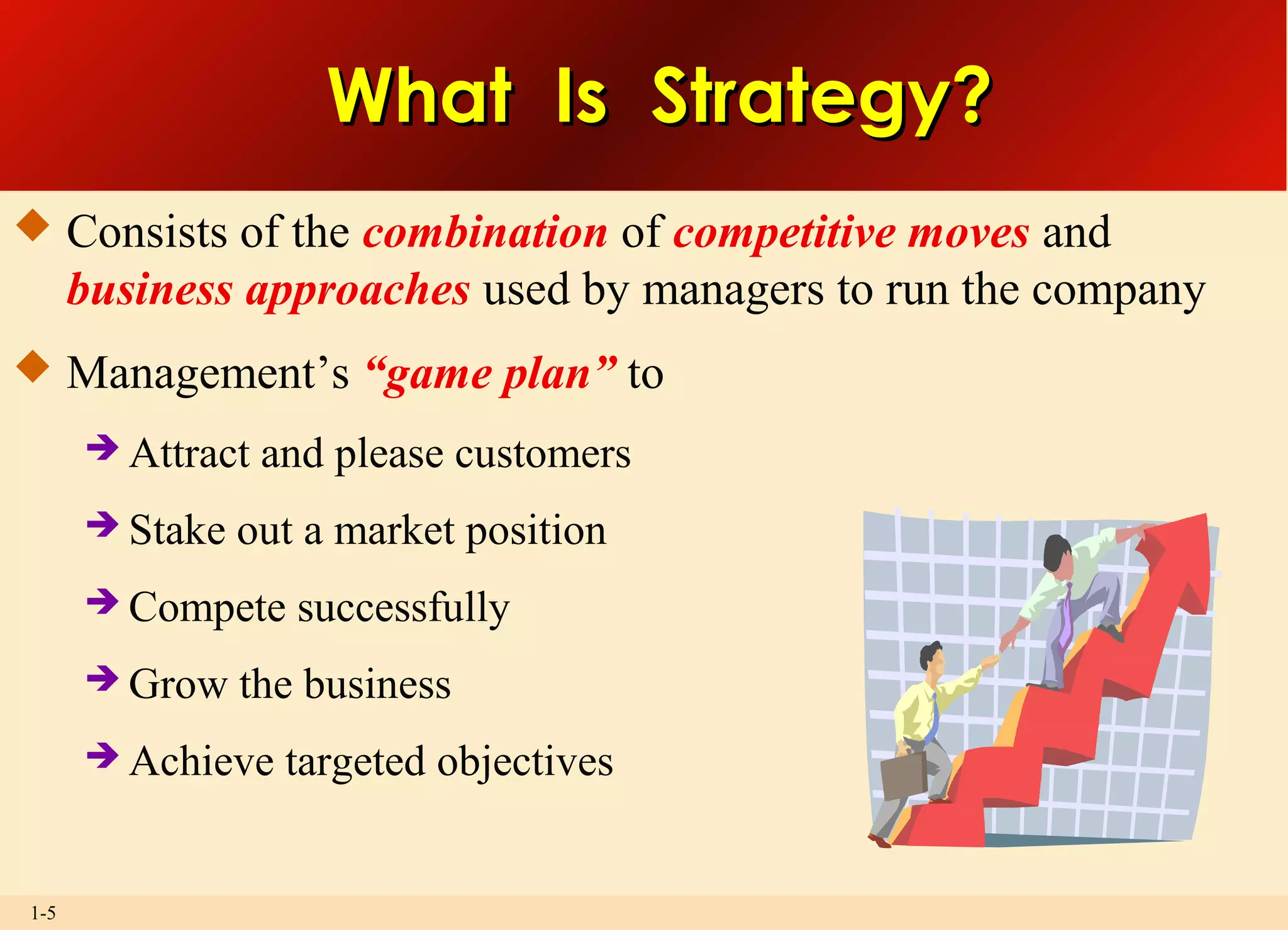 1-5
What Is Strategy?What Is Strategy?
 Consists of the combination of competitive moves and
business approaches used by managers to run the company
 Management’s “game plan” to
 Attract and please customers
 Stake out a market position
 Compete successfully
 Grow the business
 Achieve targeted objectives
 