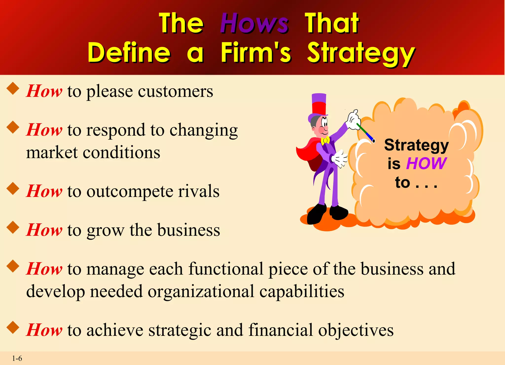 1-6
 How to please customers
 How to respond to changing
market conditions
 How to outcompete rivals
 How to grow the business
 How to manage each functional piece of the business and
develop needed organizational capabilities
 How to achieve strategic and financial objectives
Strategy
is HOW
to . . .
TheThe HowsHows ThatThat
Define a Firm's StrategyDefine a Firm's Strategy
 