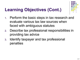Learning Objectives (Cont.) <ul><li>Perform the basic steps in tax research and evaluate various tax law sources when face...