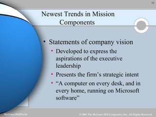 Newest Trends in Mission Components  Statements of company vision Developed to express the aspirations of the executive leadership Presents the firm’s strategic intent “A computer on every desk, and in every home, running on Microsoft software” 