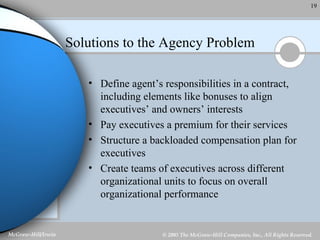 Solutions to the Agency Problem Define agent’s responsibilities in a contract, including elements like bonuses to align executives’ and owners’ interests Pay executives a premium for their services Structure a backloaded compensation plan for executives Create teams of executives across different organizational units to focus on overall organizational performance 
