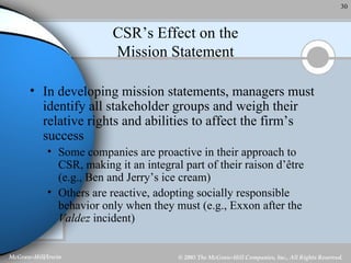 CSR’s Effect on the Mission Statement In developing mission statements, managers must identify all stakeholder groups and weigh their relative rights and abilities to affect the firm’s success Some companies are proactive in their approach to CSR, making it an integral part of their raison d’ ê tre (e.g., Ben and Jerry’s ice cream) Others are reactive, adopting socially responsible behavior only when they must (e.g., Exxon after the  Valdez  incident) 