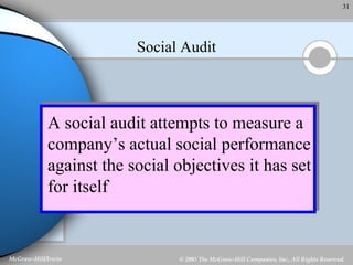Social Audit A social audit attempts to measure a company’s actual social performance against the social objectives it has set for itself 