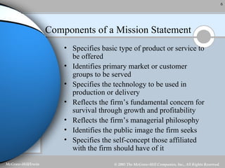 Components of a Mission Statement Specifies basic type of product or service to be offered Identifies primary market or customer groups to be served Specifies the technology to be used in production or delivery Reflects the firm’s fundamental concern for survival through growth and profitability Reflects the firm’s managerial philosophy Identifies the public image the firm seeks Specifies the self-concept those affiliated with the firm should have of it  