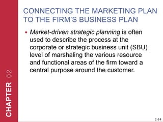 Connecting the Marketing Plan to the Firm’s Business PlanMarket-driven strategic planning is often used to describe the process at the corporate or strategic business unit (SBU) level of marshaling the various resource and functional areas of the firm toward a central purpose around the customer.  