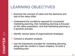 LEARNING OBJECTIVESExamine the concept of value and the elements and role of the value chainUnderstand the conditions required for successful marketing planning, that marketing planning is focused on the value proposition, and that marketing planning is a dynamic processIdentify various types of organizational strategiesConduct a situation analysis Use the framework provided for marketing planning, along with the content in future chapters, to build a marketing plan