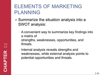 ELEMENTS OF MARKETING PLANNINGSummarize the situation analysis into a SWOT analysis:A convenient way to summarize key findings into a matrix of strengths, weaknesses, opportunities, and threats.Internal analysis reveals strengths and weaknesses, while external analysis points to potential opportunities and threats. 