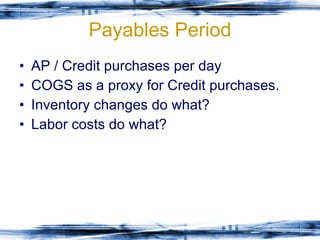Payables Period AP / Credit purchases per day COGS as a proxy for Credit purchases. Inventory changes do what? Labor costs do what? 