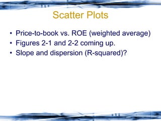 Scatter Plots Price-to-book vs. ROE (weighted average) Figures 2-1 and 2-2 coming up. Slope and dispersion (R-squared)? 