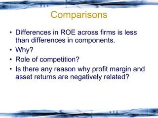 Comparisons Differences in ROE across firms is less than differences in components. Why? Role of competition? Is there any reason why profit margin and asset returns are negatively related? 