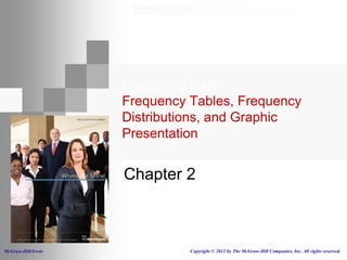 Describing Data:
                    Frequency Tables, Frequency
                    Distributions, and Graphic
                    Presentation


                    Chapter 2



McGraw-Hill/Irwin             Copyright © 2012 by The McGraw-Hill Companies, Inc. All rights reserved.
 