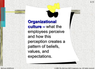Organizational culture –   what the employees perceive and how this perception creates a pattern of beliefs, values, and expectations. 