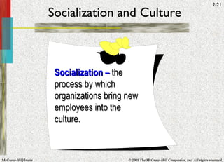 Socialization and Culture Socialization –   the process by which organizations bring new employees into the culture. 