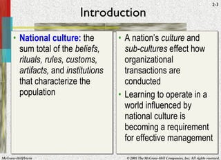 Introduction National culture:  the sum total of the  beliefs, rituals, rules, customs, artifacts,  and  institutions  that characterize the population A nation’s  culture  and  sub-cultures  effect how organizational transactions are conducted Learning to operate in a world influenced by national culture is becoming a requirement for effective management 