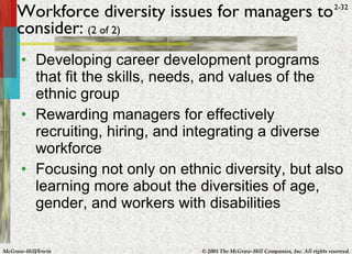 Workforce diversity issues for managers to consider:   (2 of 2) Developing career development programs that fit the skills, needs, and values of the ethnic group Rewarding managers for effectively recruiting, hiring, and integrating a diverse workforce Focusing not only on ethnic diversity, but also learning more about the diversities of age, gender, and workers with disabilities 